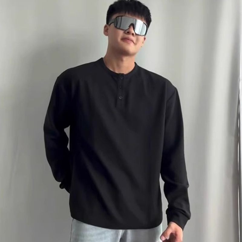 Mùa Thu Đa Năng Henley Cổ Áo Thun Nam Thể Thao Waffle Polo Áo Thun Top
