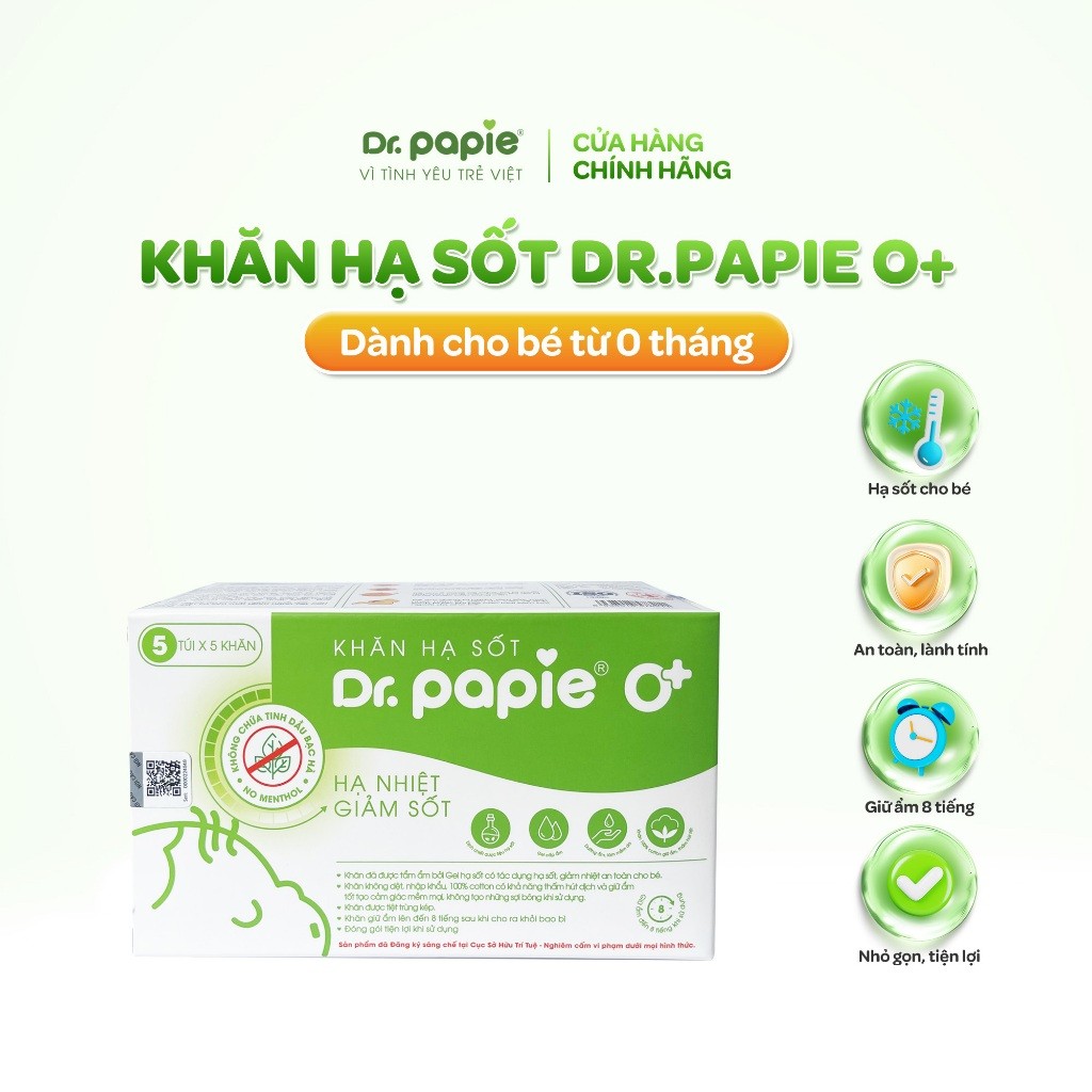 Khăn hạ sốt Dr.Papie 0+ hạ sốt vật lý chuẩn Nhi khoa ngăn ngừa co giật khi ốm sốt cho bé từ sơ sinh (25 khăn/hộp)