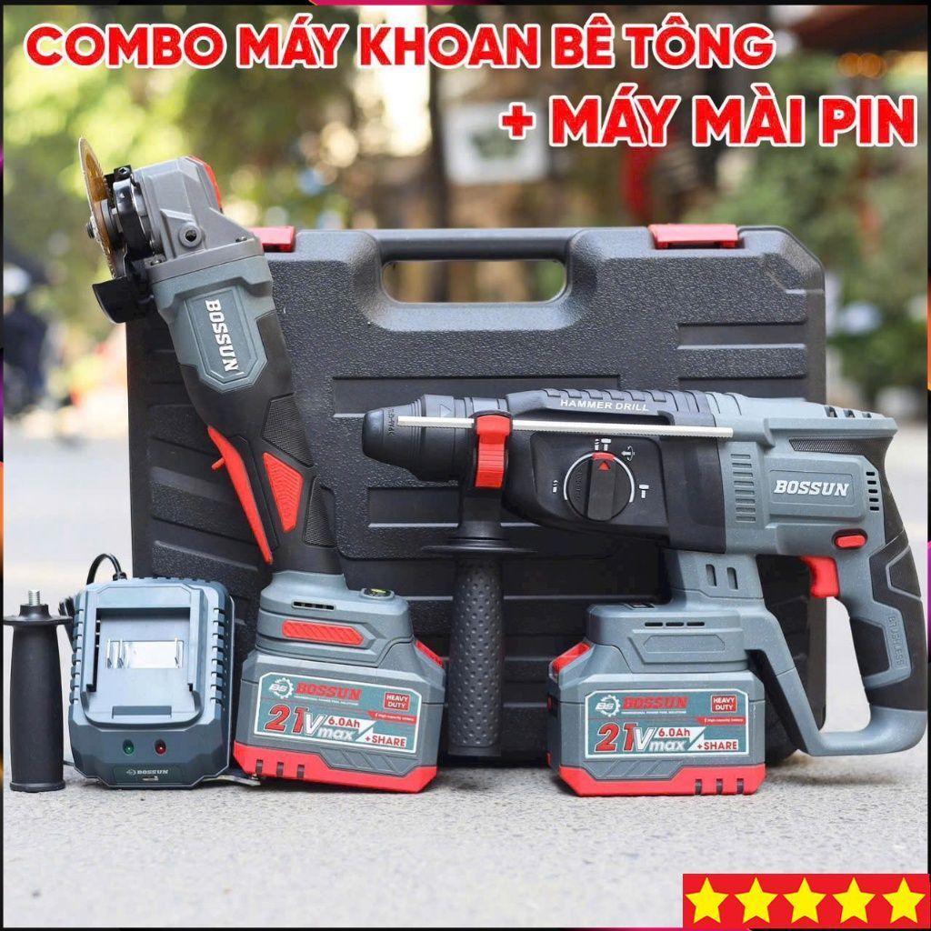 Combo Máy khoan bê tông + Máy mài pin BOSSUN M21B-AG100PRO, 3 mức tốc độ, Ngắt khi gặp sự cố, Chất l