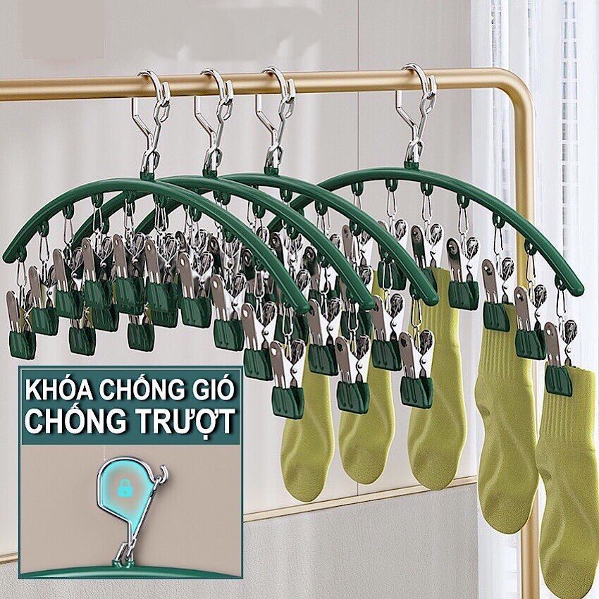 COMBO 3/5 Móc Vòm 10 Kẹp Treo Quần Áo Chống Trượt Chống Gió, Chất Liệu Thép Bọc Nhựa PVC. Kt 42cm