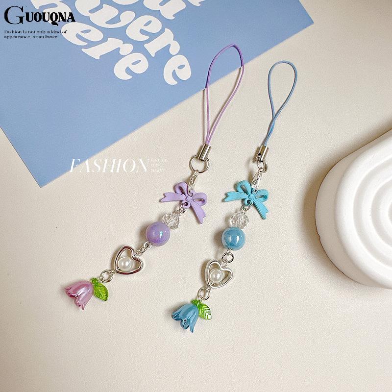 GUOUQNA Nơ Lily Of The Valley Đính Hạt Dây Xích Điện Thoại Y2K Tươi Ngọt Móc Khóa Fower Mặt Dây Chuy
