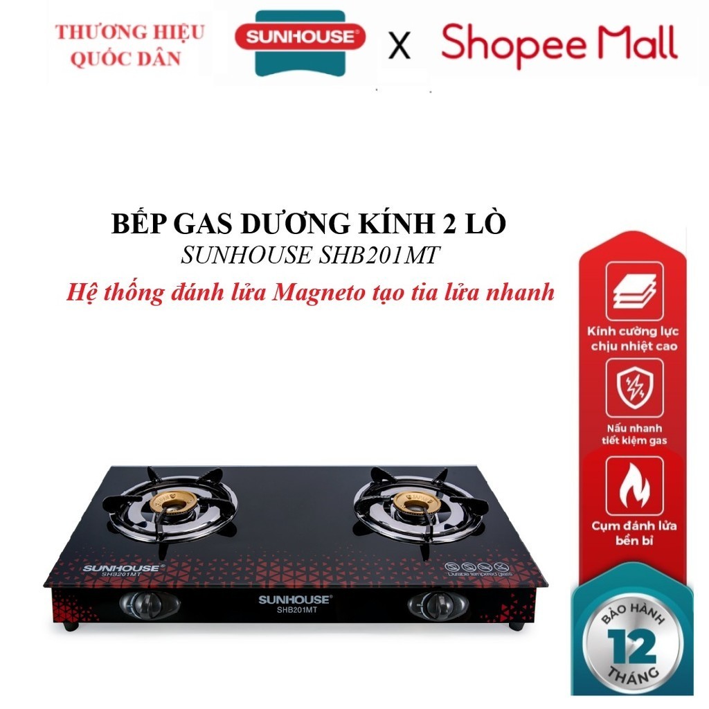 Bếp gas dương kính SUNHOUSE SHB201MT, Hệ thống đánh lửa Magneto tạo tia lửa nhanh, Kiềng bếp độc lập