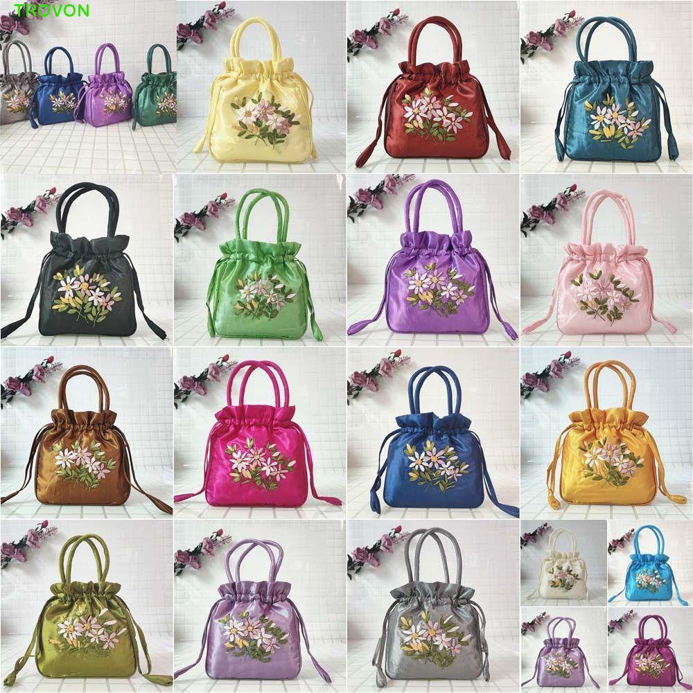Túi xách hoa thêu TROVON, Túi dây rút Hanfu lá lụa Satin, Túi mua sắm di động Túi mẹ Túi đựng mỹ phẩm Túi trang điểm Ví nhỏ Du lịch