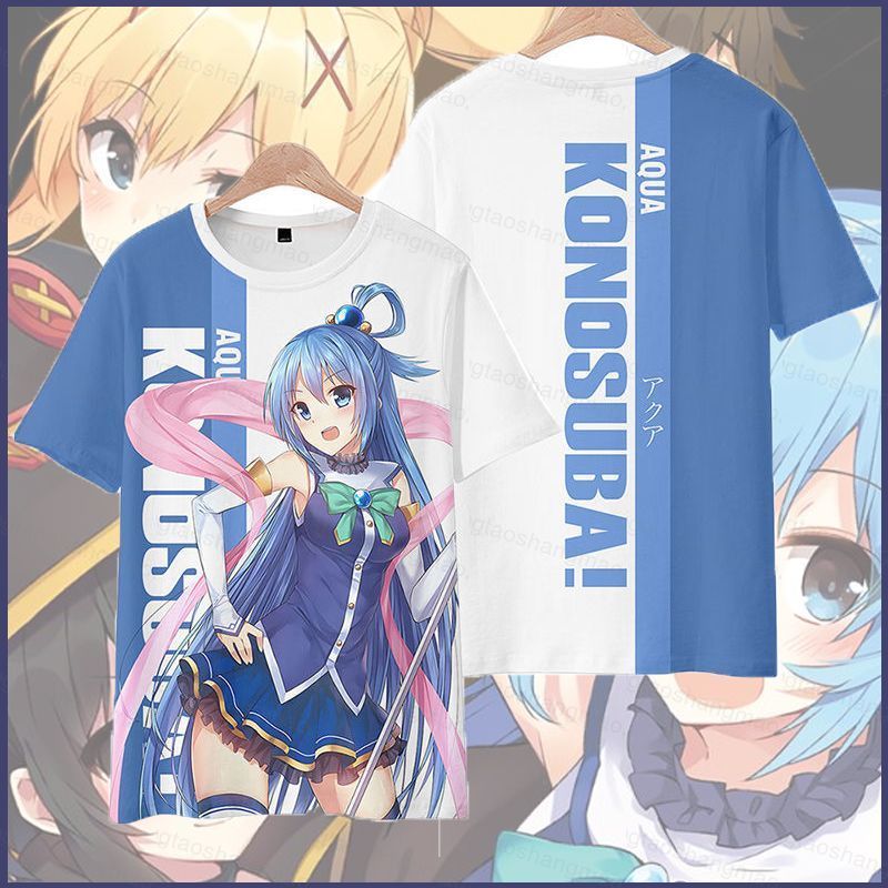 Áo Thun Tay Ngắn Cosplay KonoSuba Thần Phước Lành - Vải 3D Nhân vật Megumin, Aqua và Kazuma Satou