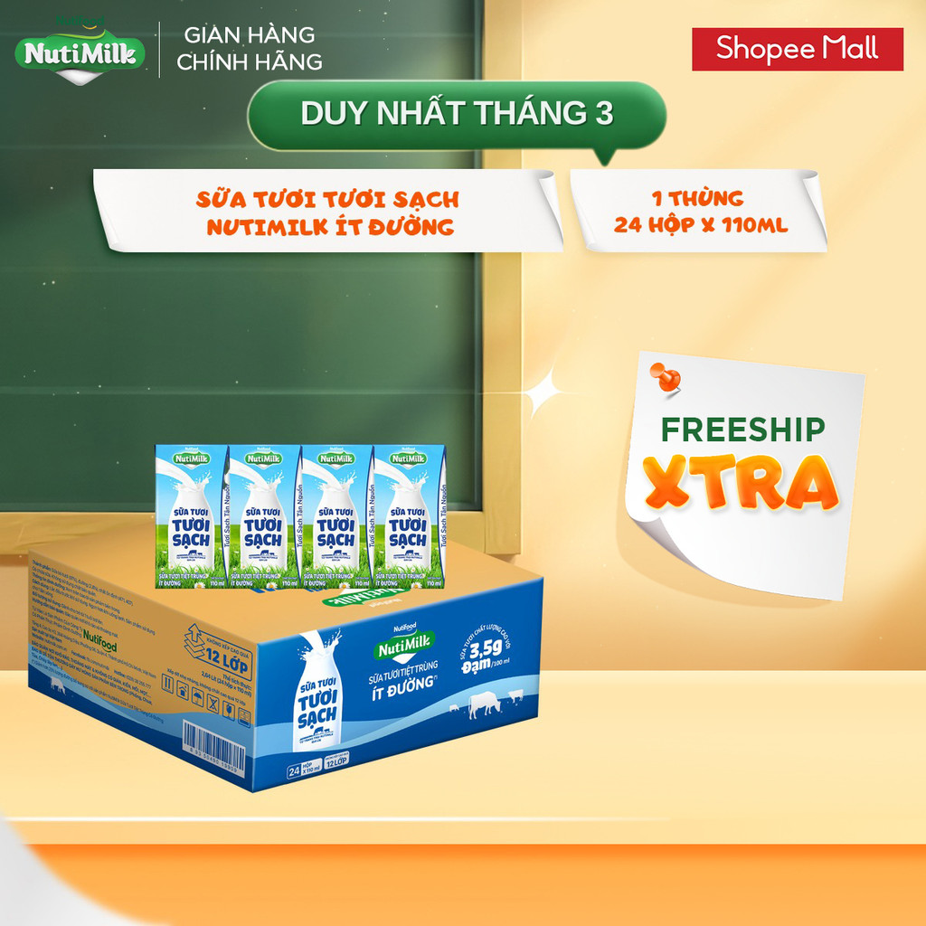 Thùng 24 Hộp Sữa Tươi Tươi Sạch NutiMilk Ít Đường Hộp 110ml