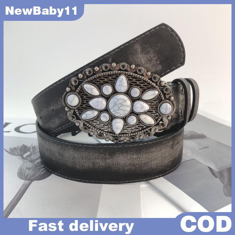 NY Vintage Đá Trắng Bule Thắt Lưng Khắc Hoa Thắt Lưng Da Nổi Boho Thắt Lưng Phương Tây Quần Jean Thắ