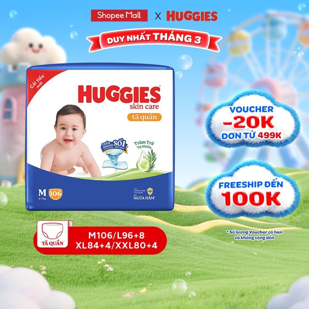 Tã quần Huggies Skincare Mega Jumbo M106/L96+8/XL84+4/XXL76+4 với tràm trà dịu da