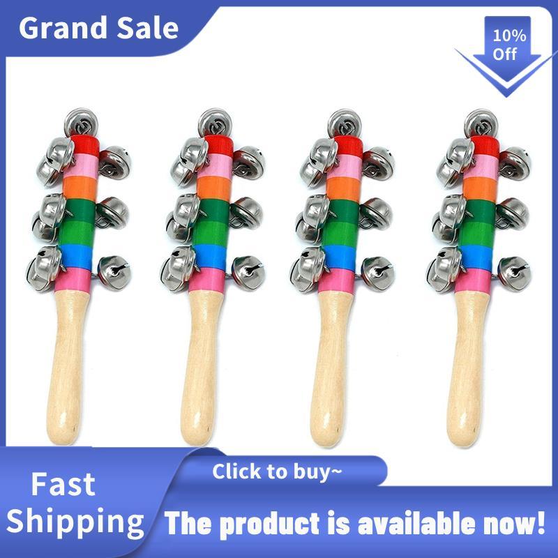 4 Tay Jingle Bells, Tay Cầm Cầu Vồng Chuông Gỗ Jingle Stick Shaker Lục Lạc Bé Trẻ Em Âm Nhạc