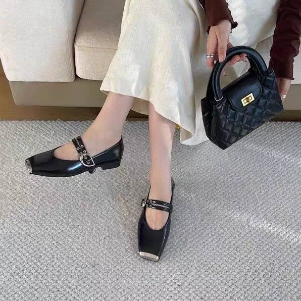 Square Toe Low-Cut Mary Jane Shoes Korean Style New Flat Heel Soft Bottom Soft Leather Metal Toe Cap