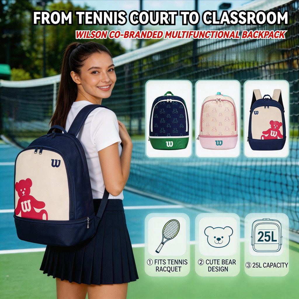 Balo Wilson Thể Thao Túi Đựng Vợt Tennis Balo Pickleball Nữ - Hình Gấu Con, Ngăn Giày Riêng Biệt-Dai