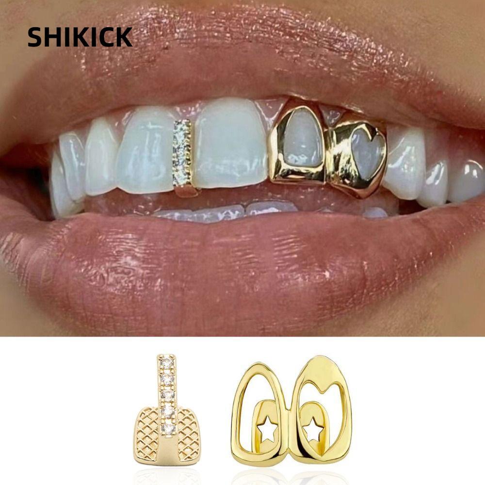 Grillz Răng Hip Hop từ Đồng Sáng Bóng với Thiết Kế Trái Tim Rỗng Màu Vàng Đôi - Trang Sức Răng