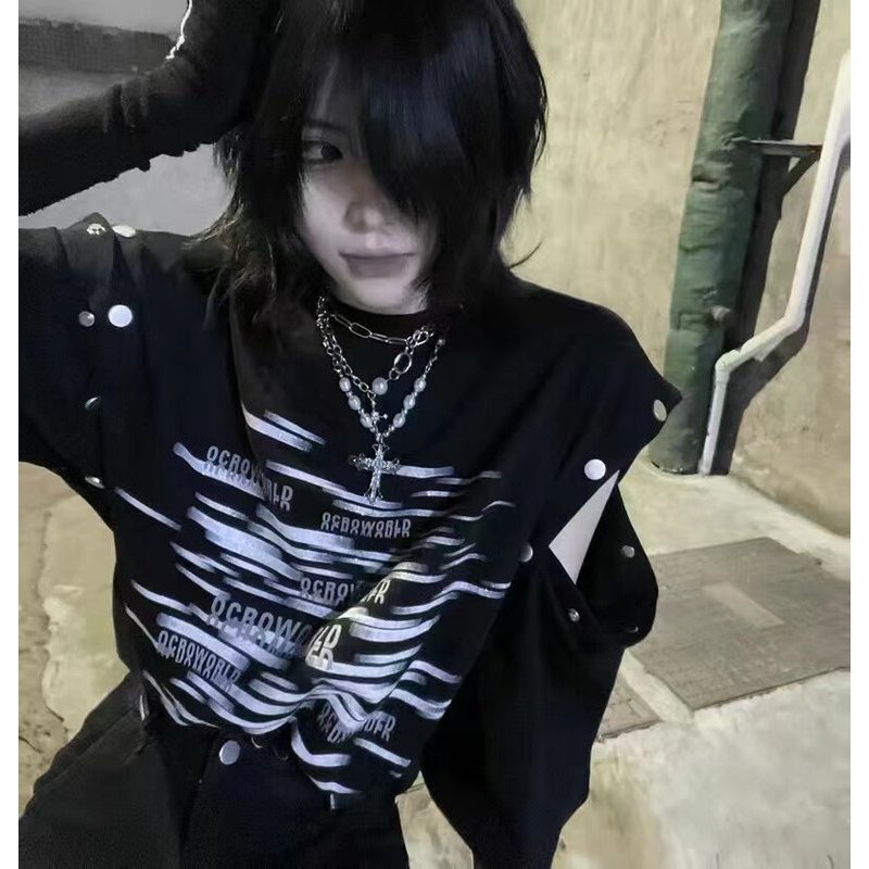 áo thun y2k áo y2k Văn Hóa Châu Á Rock Punk y2k Millennium Hot Girl Có Thể Tháo Rời Hai Tay In Chữ Á