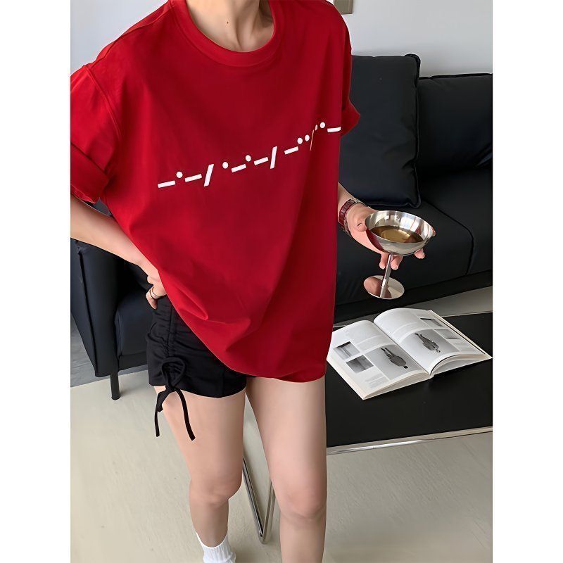 Áo thun dáng rộng họa tiết Morse Code 'Good Luck T', phong cách đại học, phù hợp cho mùa hè