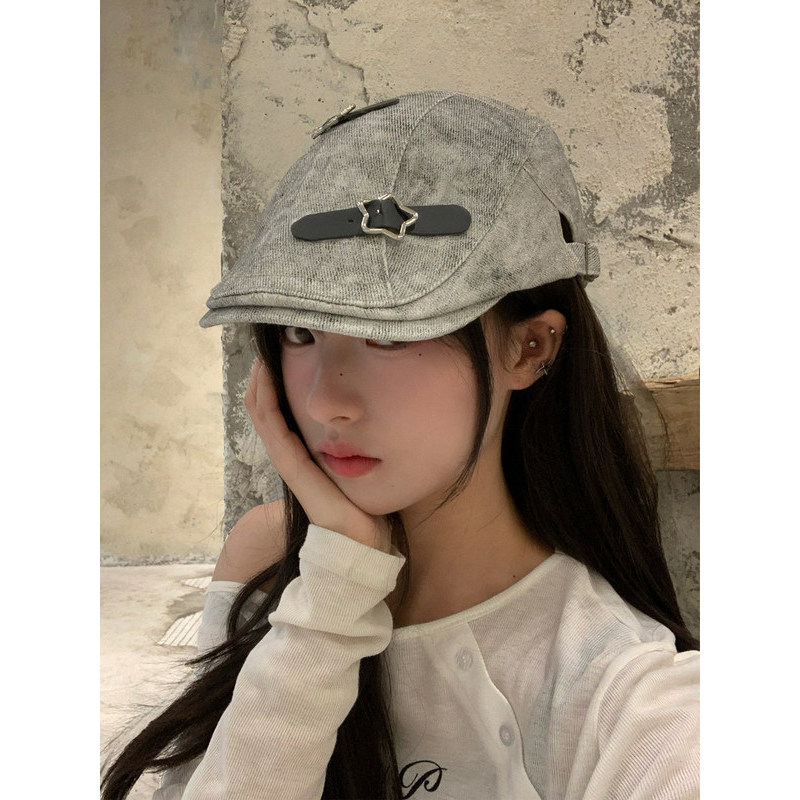mũ y2k Y2K quần hiphop y2k Mũ Beret Nữ Da Khóa Ngôi Sao Retro, Style Châu Á Y2K