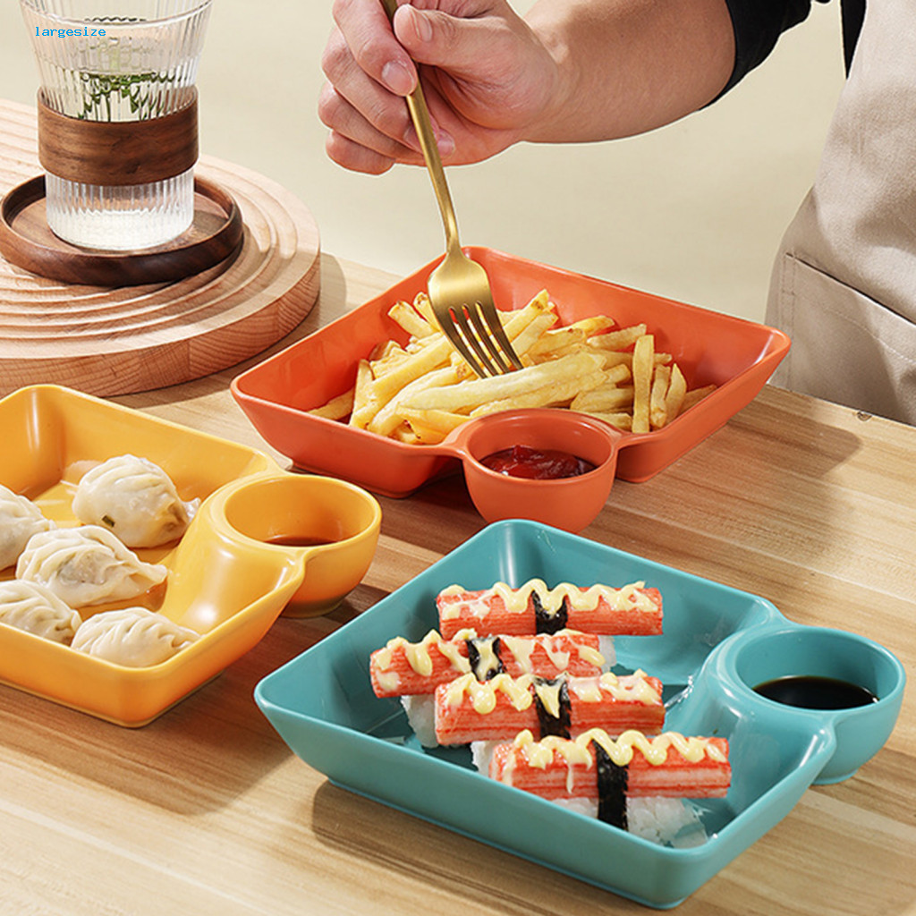 Size lớn| Đĩa ăn nhẹ chia có giá đỡ nước sốt Đĩa Gyoza có rãnh nước sốt 4 chiếc Bộ khay đựng nước số