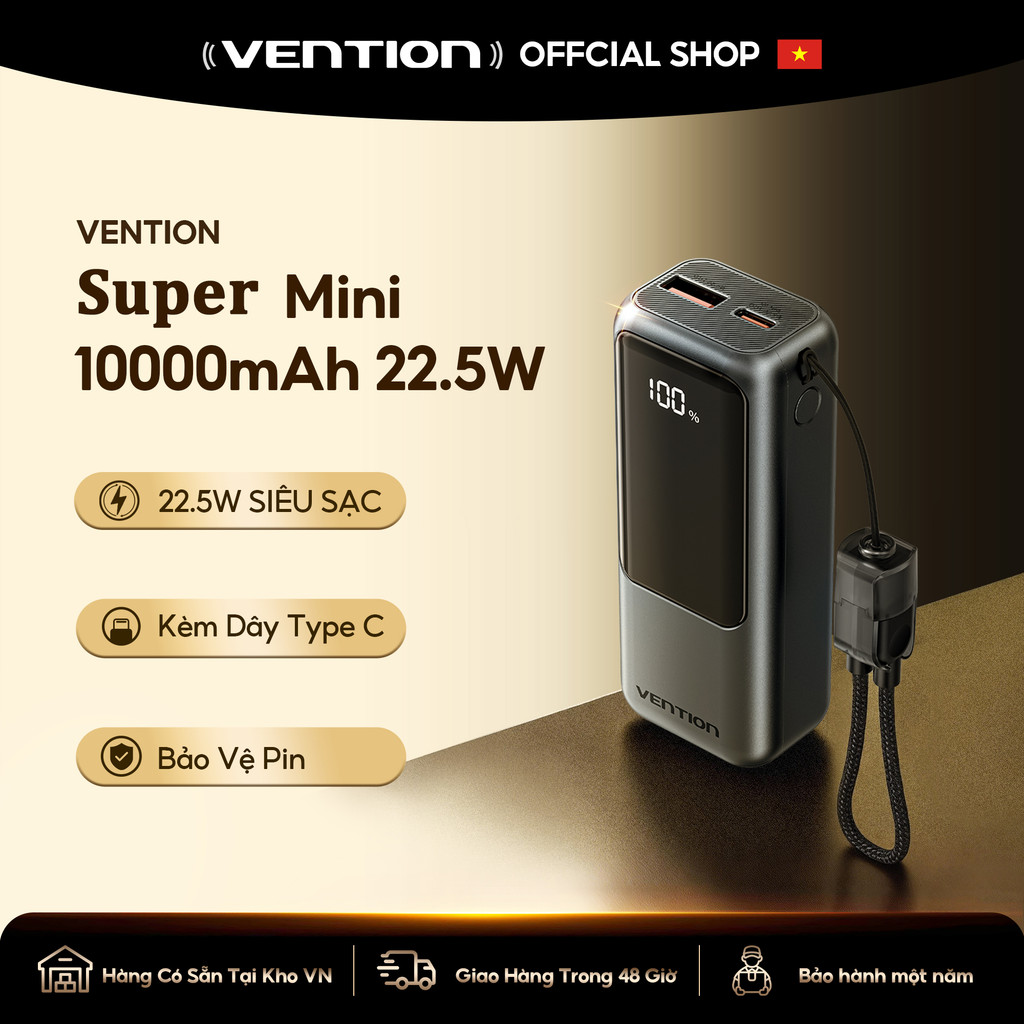 【Hàng mới 2026】Vention Sạc dự phòng 10000mAh có dây đeo và cáp Type-C tích hợp sạc nhanh 22.5W hoàn hảo cho du lịch bảo hành chính hãng.