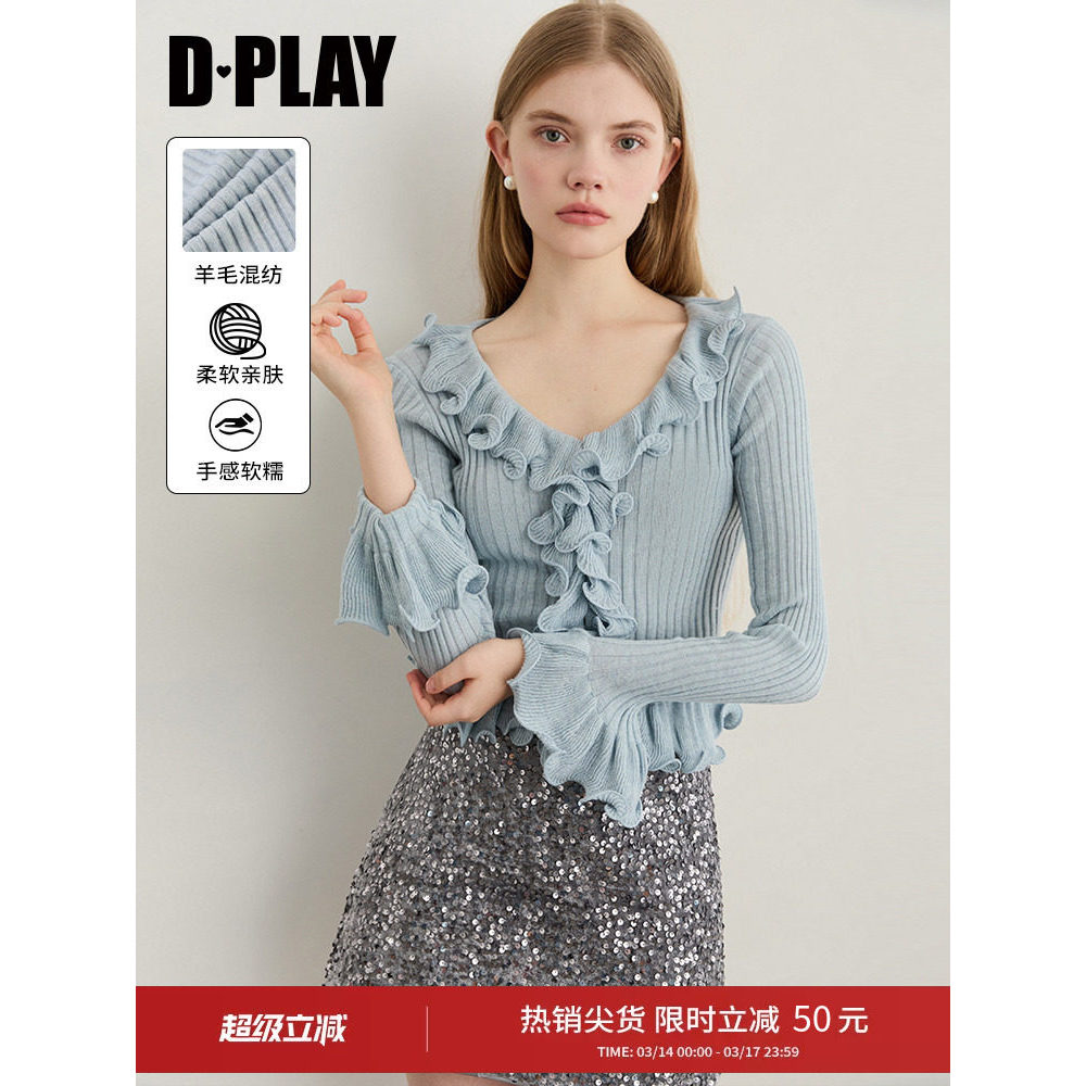 DPLAY2025 Áo Len Tay Dài Màu Xanh Nữ Tính, Phong Cách Mới Mùa Thu