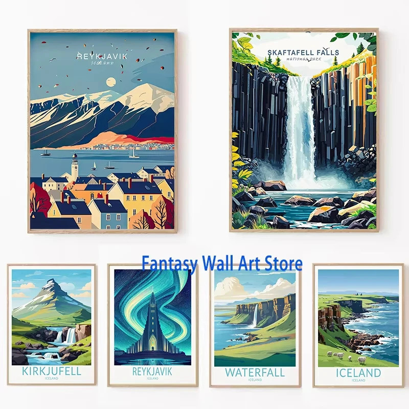 ICELAND Du Lịch Poster Iceland Reykjavík Kirkjufell Skaftafell Thác Phong Cảnh Tranh Canvas Treo Tườ