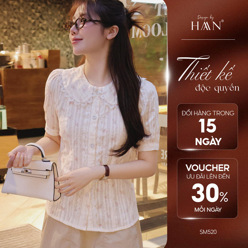 Áo Sơ Mi Nữ Cổ Tròn Viền Ren Cách Điệu, Vải Dệt Hoa Style Hàn Quốc HAAN DESIGN SM520