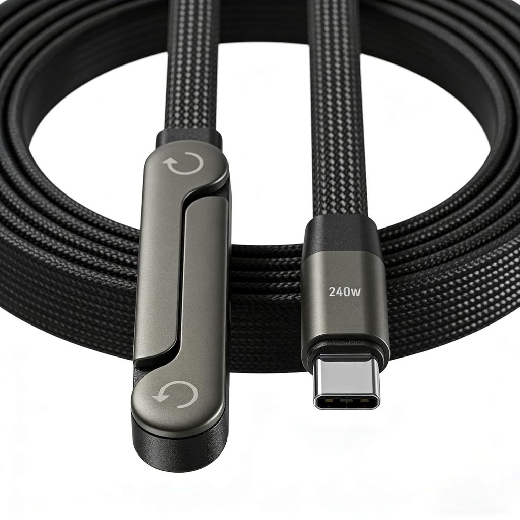 Cáp sạc nhanh vô hình 240W, Cáp phẳng 240W USB C sang USB C góc 90 độ, Dây sạc điện thoại Sideways T