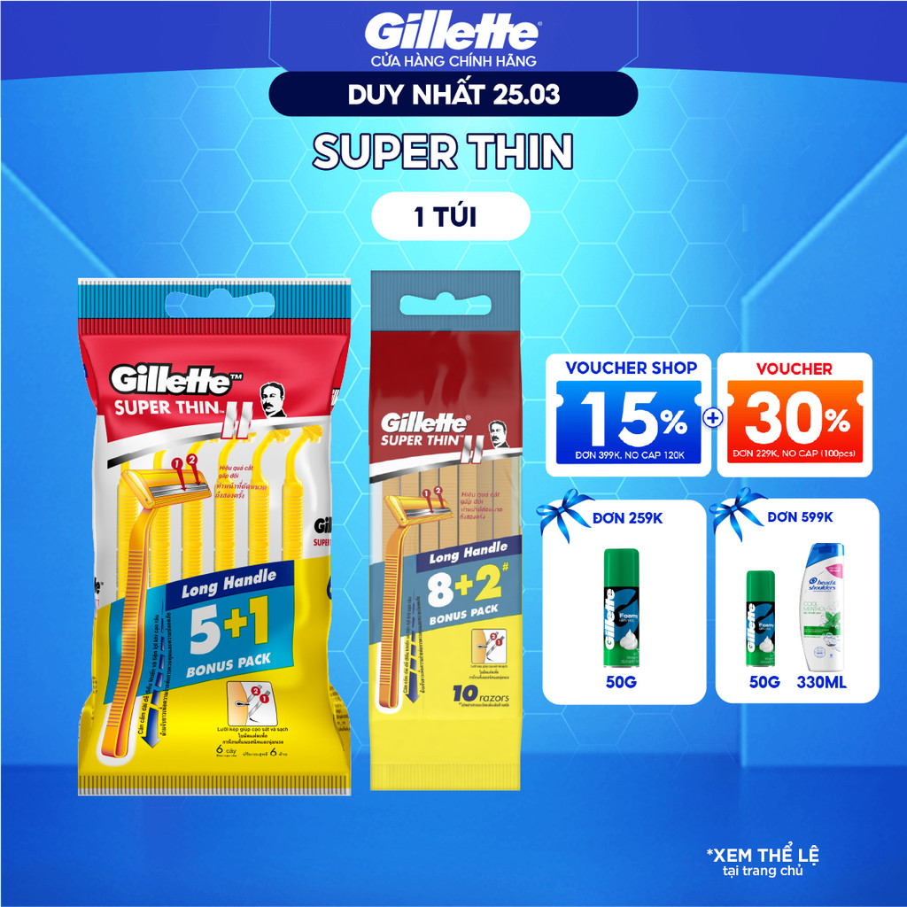 [Mua 5 Tặng 1] Dạo Cạo Râu GILLETTE Super Thin Cán Vàng - Gói 5 Cây Tặng 1/ 8 Cây Tặng 2