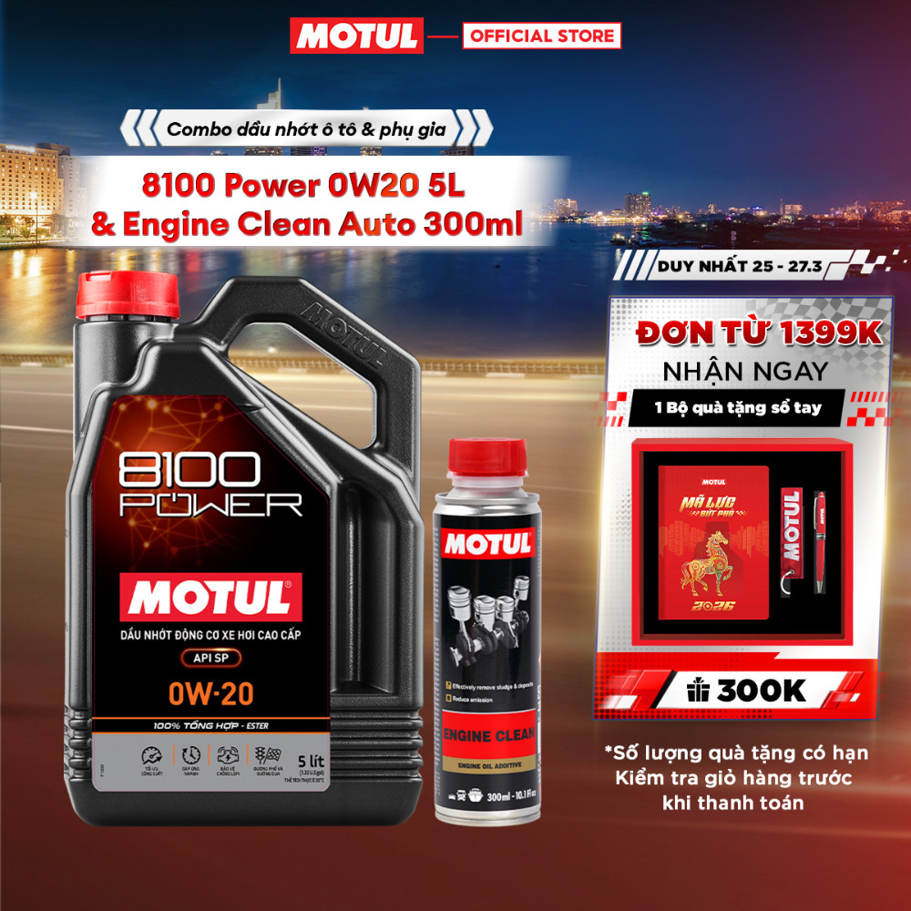 Combo Dầu nhớt xe ô tô MOTUL 8100 POWER 0W20 5L và Phụ gia vệ sinh động cơ xe ô tô - ENGINE CLEAN AU