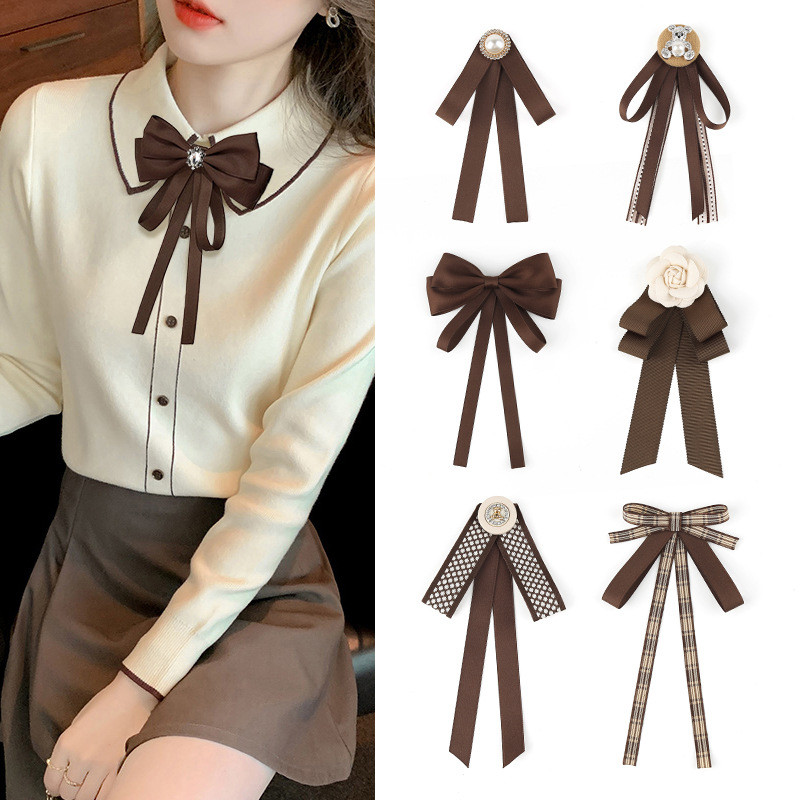 Women's brown bow tie shirt, collar pin accessory, bow tie, college style, autumn and winter decorat