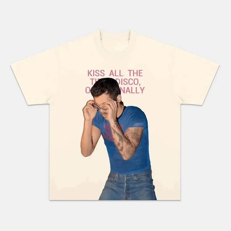 Y2k Áo Thun Cotton Tay Ngắn Phong Cách Phổ Biến Hôn Mọi Thời Gian Họa Tiết Disco Và Harry Styles Alb
