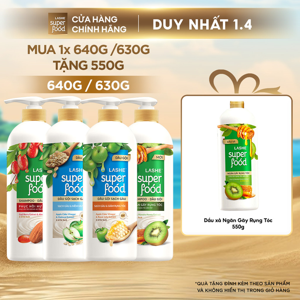 Dầu Gội LASHE SUPERFOOD Ngăn Rụng Tóc/Phục Hồi Hư Tổn/Sạch Gàu Giảm Rụng/Sạch Gàu Mềm Mượt 630G/640G