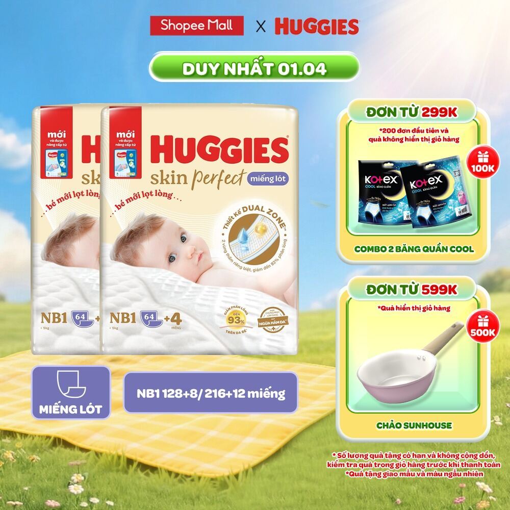 Combo 2 gói Miếng lót sơ sinh Huggies Skin Perfect 2 vùng thấm giảm kích ứng da NB1 64+4/NB1 108+6 m