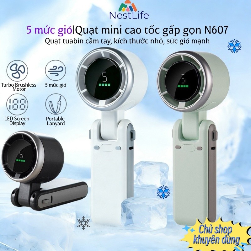 Quạt Cầm Tay Tích Điện Gió Mạnh Turbo Công Suất 5Cấp Độ Gió Kèm Dây Đeo Cổ Màn hình LED hiển thị pin