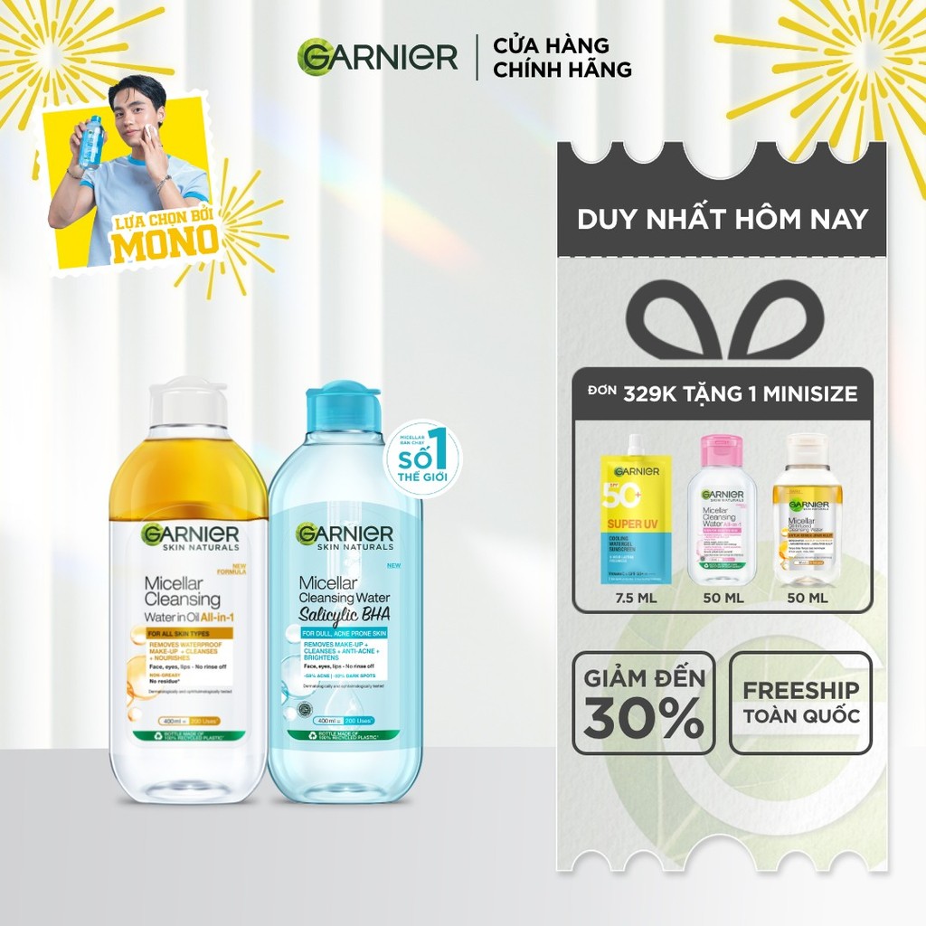 Bộ 2 Nước tẩy trang dành cho da dầu mụn & trang điểm Garnier Micellar Water (400mlX2)