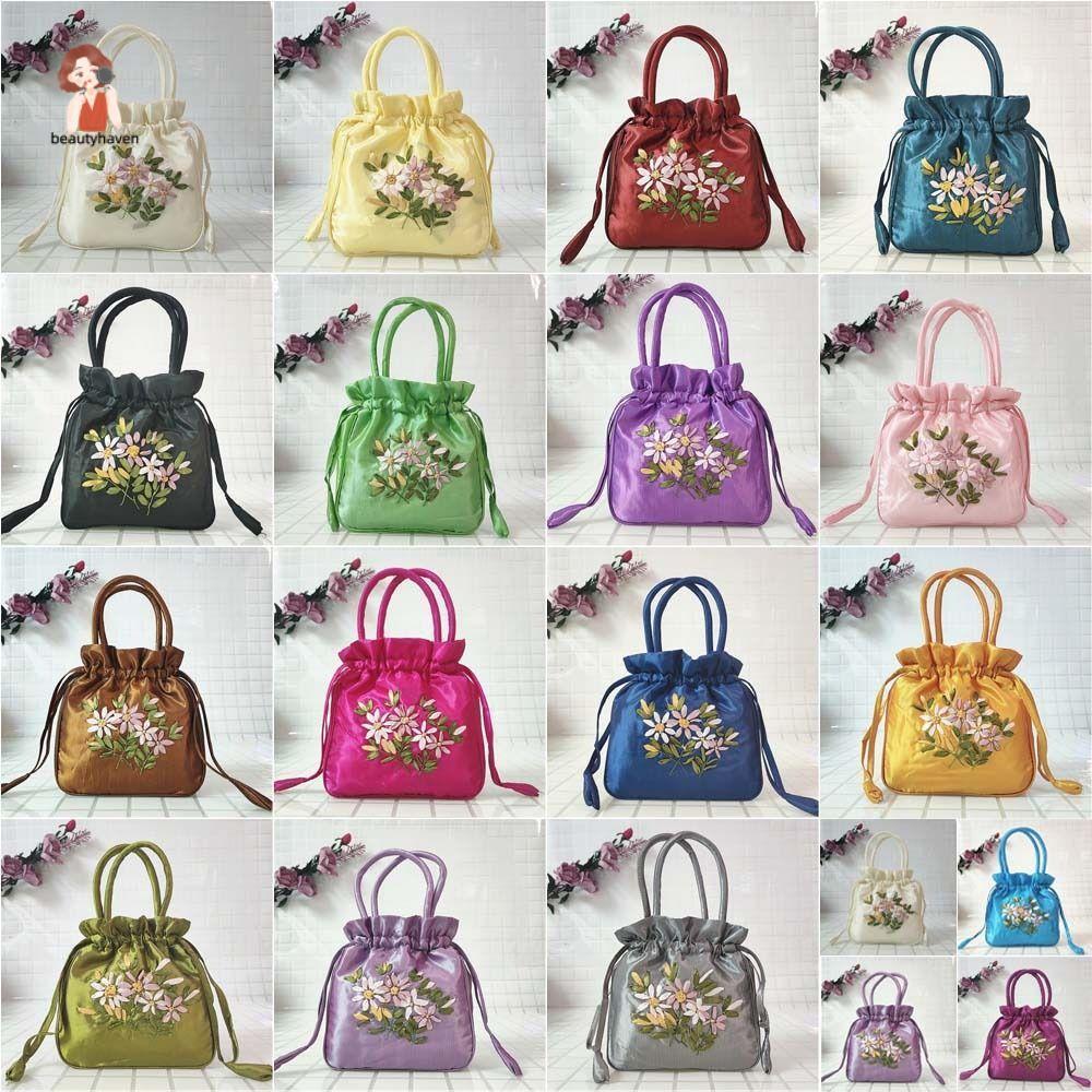 Beautyhaven Túi dây rút Hanfu, Túi đựng hoa thêu lá, Túi đựng đồ ăn trưa di động Phong cách dân tộc Túi trang điểm mỹ phẩm Ví nhỏ hàng ngày