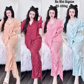 Đồ Bộ Bigsize Nữ Xinh - Đồ Ngủ Pijama Bigsize Mặc Nhà Tay Dài Cổ Bẻ Vải Lụa Gấm Cao Cấp Xinh Đẹp 50-100kg DB 2589