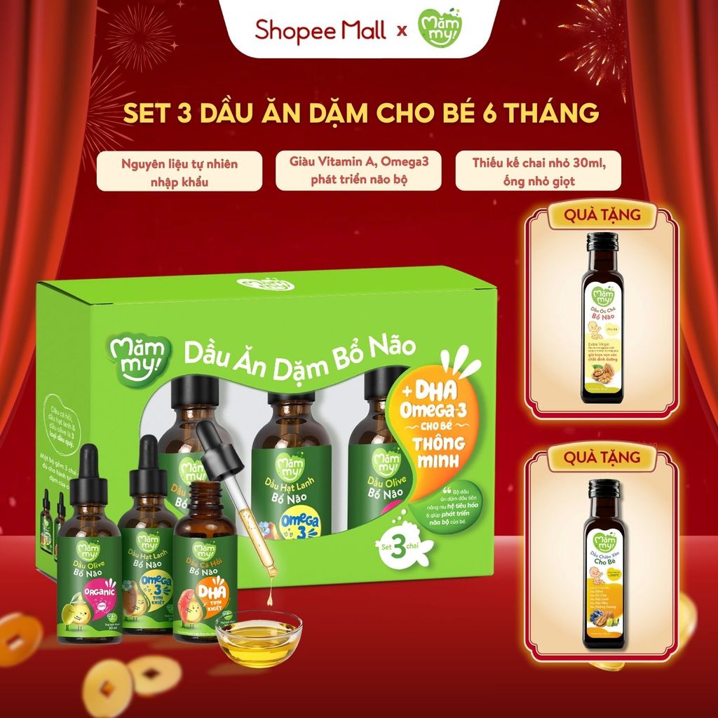Combo 3 dầu ăn dặm bổ não 30ml Mămmy, dầu Olive, dầu cá hồi, dầu hạt lanh bổ não cho bé 6 tháng