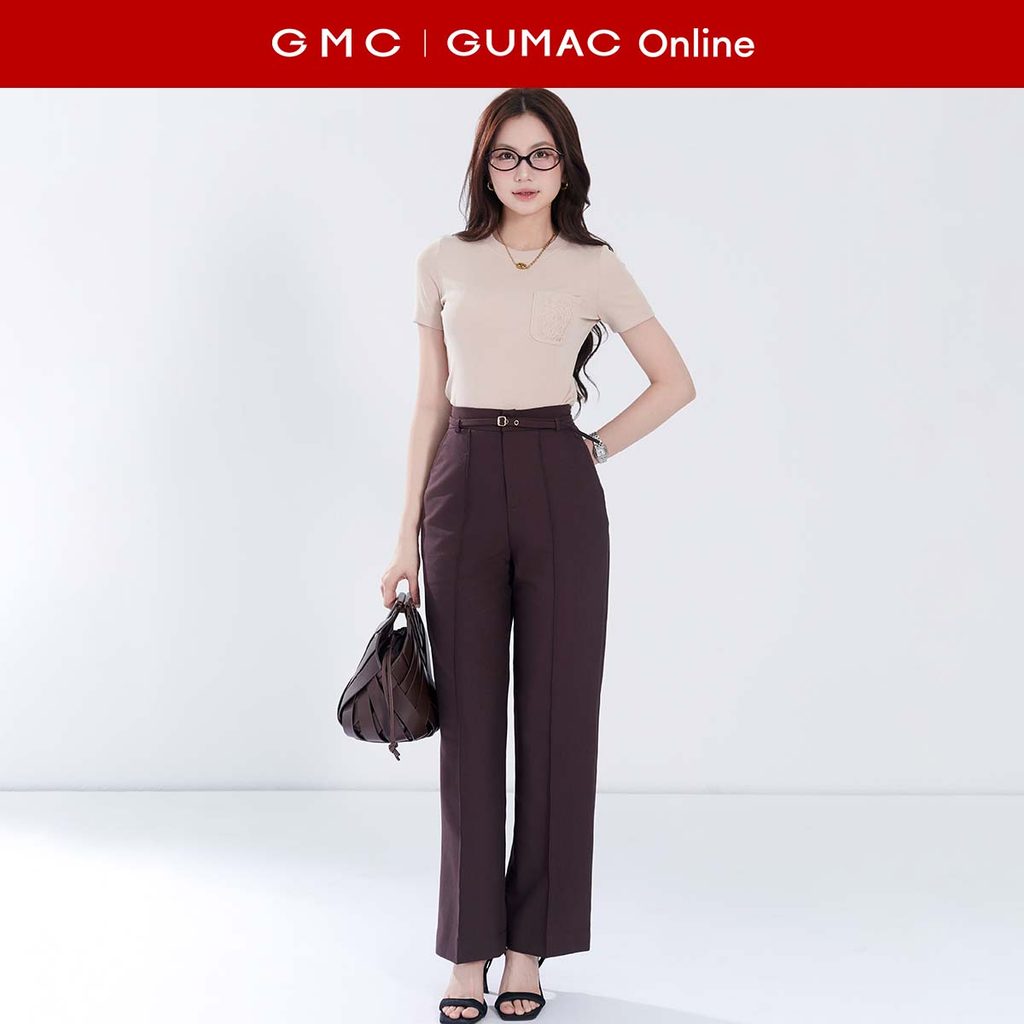 Quần tây nữ dáng ống suông chiết ly phối dây thắt lưng vải cotton lạnh mềm mát màu nâu thời trang GU