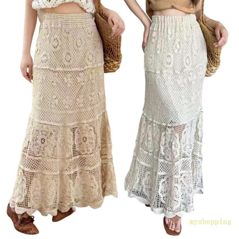 Ivy Womens Bohemian Flowy Maxi Váy Rỗng Móc Váy Maxi Eo Váy Dài