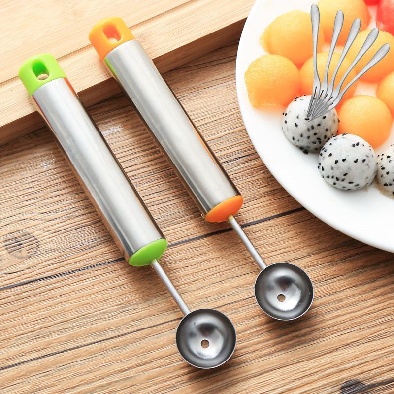 Hot Sale#Watermelon Scoop with Fruit Fork Stainless Steel Fruit Cutter Ice Cream Scoop Multifunction