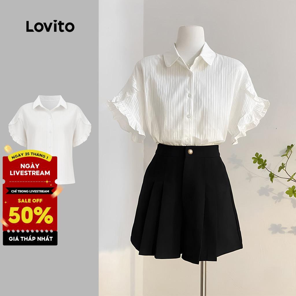 (New) Lovito Áo sơ mi jacquard xếp ly đáng yêu cho mùa xuân/hè  áo sơ mi trắng dành cho phụ nữ L142L