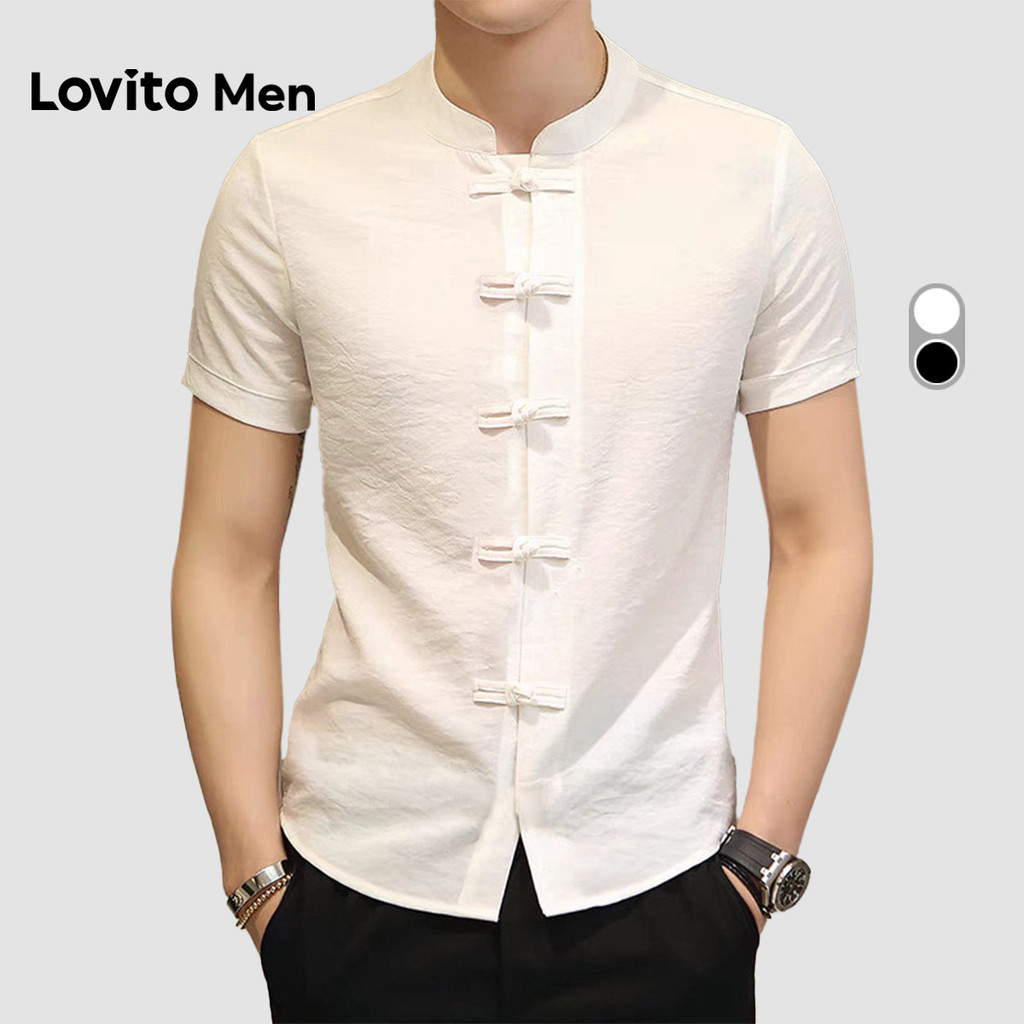Lovito Men Áo sơ mi nam đen cho mùa xuân/hè áo sơ mi thường LNE127022