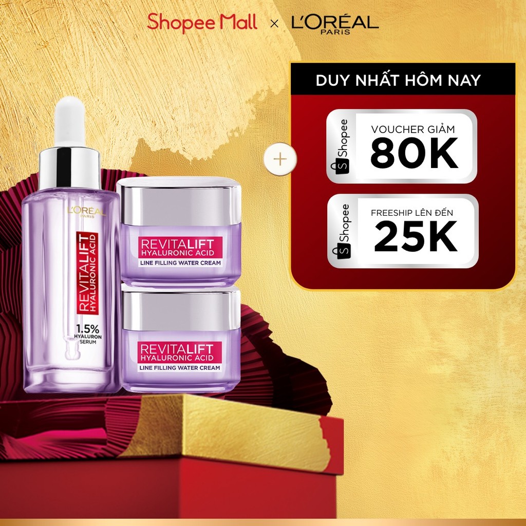 Bộ Serum 30ml và 2 kem dưỡng siêu cấp ẩm và giảm nếp nhăn 15ml x2 L'Oreal Paris Revitalift HA 1.5%