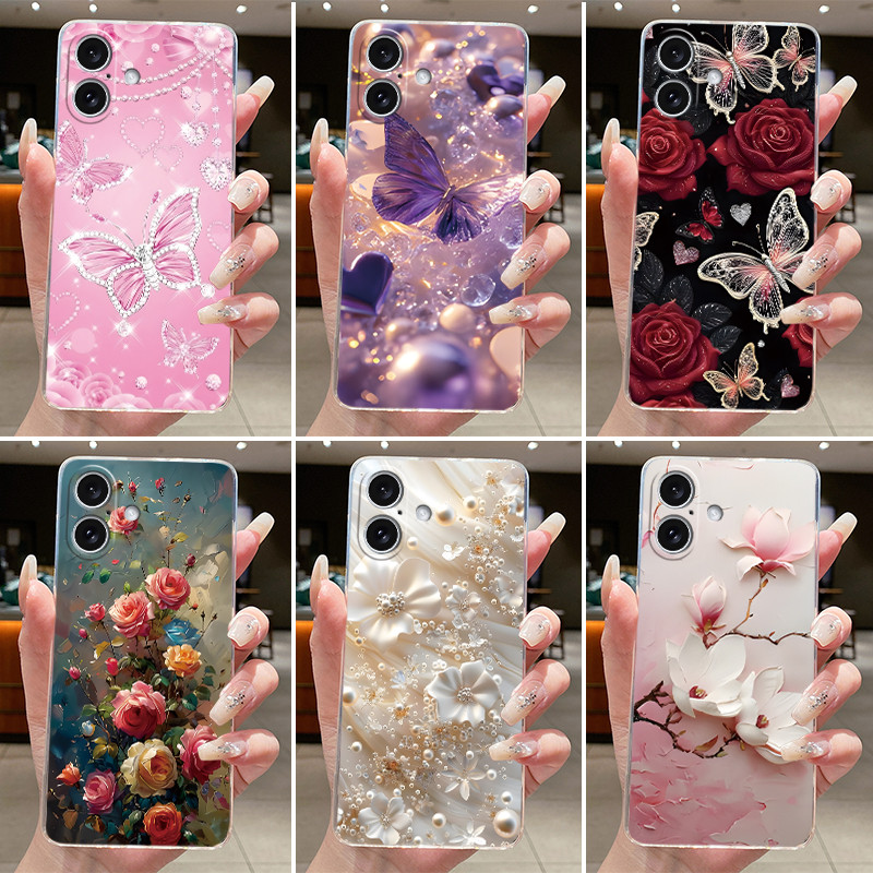 Dành Cho iPhone 16 16Plus Ốp Lưng Thẩm Mỹ Sang Trọng Thời Trang Bướm Hoa Trong Suốt Silicon Mềm Jell