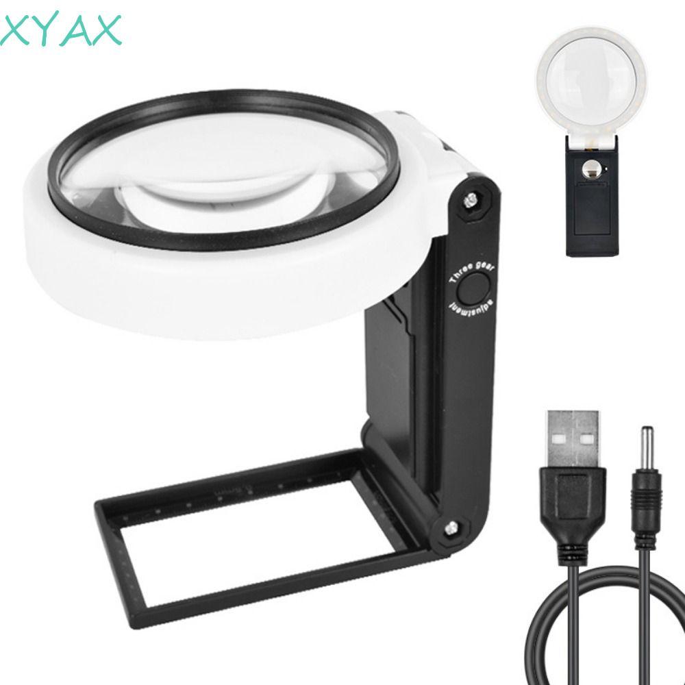 XYAX Kính lúp chiếu sáng LED XYAX, Kính lúp thiết kế gấp cầm tay có chân đế đèn, Giá đỡ máy tính để 