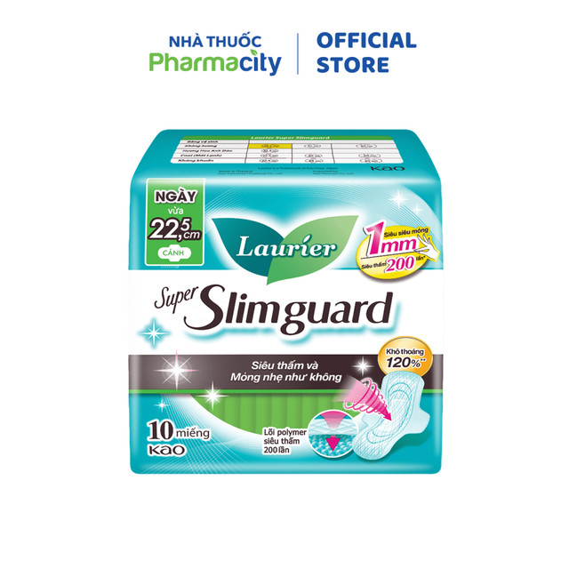 Băng vệ sinh ban ngày siêu mỏng cánh Laurier Super Slimguard 22.5cm (10 miếng/gói)