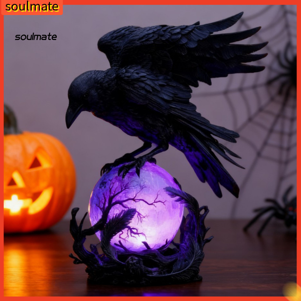 Linh hồn| Vẽ tay Raven Decor Đèn bàn Raven Đèn Led Raven với quả cầu phát sáng màu tím – Điêu khắc n