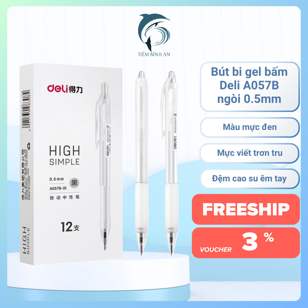 [Combo 5 Bút] Bút Gel Bút Bi Nước Deli A057B Mực Màu Đen Xanh Đỏ Chính Hãng Bút Mực Gel Ngòi 0.5mm