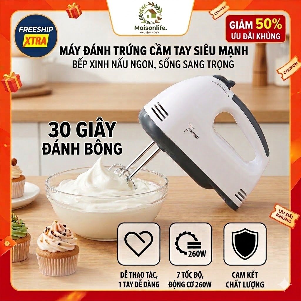 Máy Đánh Trứng Cầm Tay 7 Tốc Độ 260W - Máy Đánh Kem Nhào Bột Làm Bánh, Trộn Bột Đa Năng
