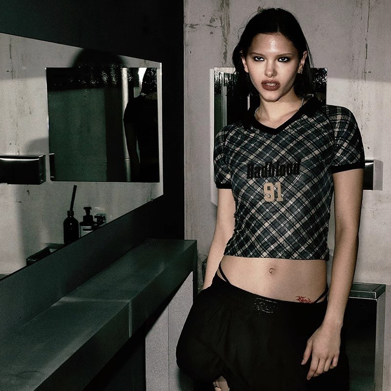 Badblood  bcac Series of retro plaid short-sleeve tops for hot girls T Women's trendy niche printed 