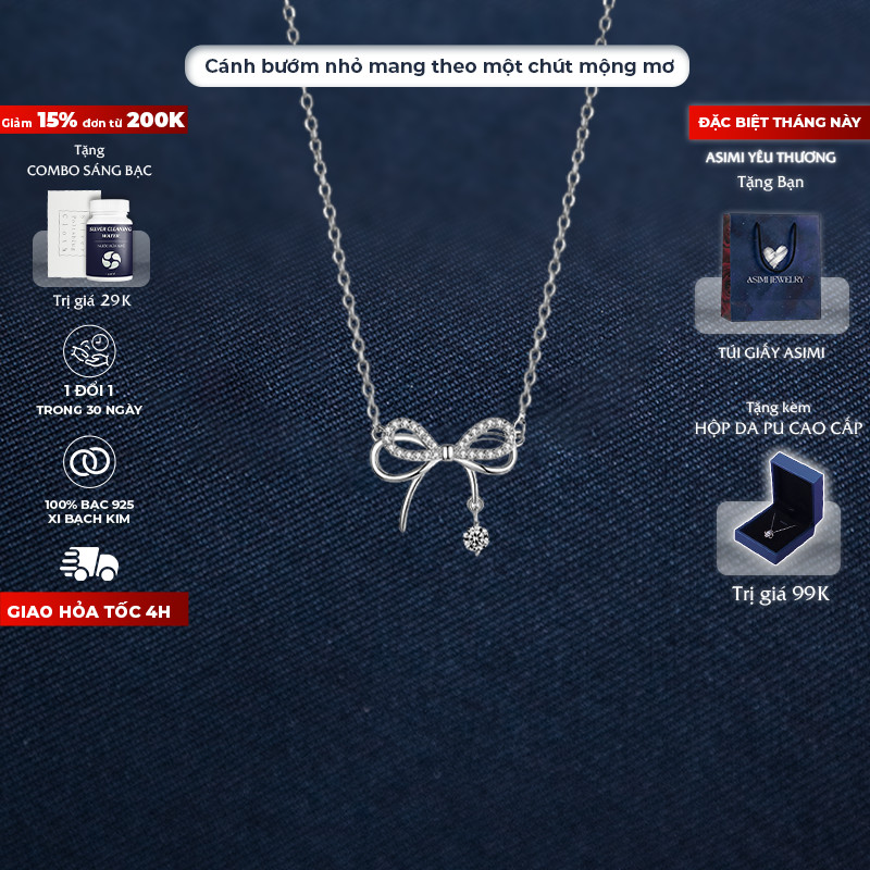 Dây chuyền bạc Ý nơ điệu S925 Asimi, dây chuyền bạc nữ xinh xắn xi bạch kim Butterfly Girlie DC47