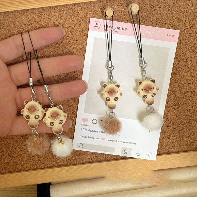 Mèo 3D Dễ Thương | Dây đeo điện Thoại Kèm Bóng Lông Nhung, Phụ Kiện Treo Túi Xách